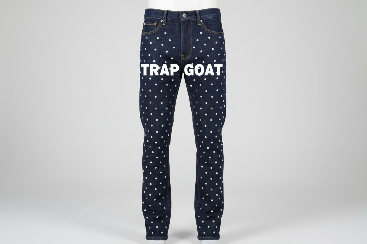 Trap Goat Diamond Jeans with White Text