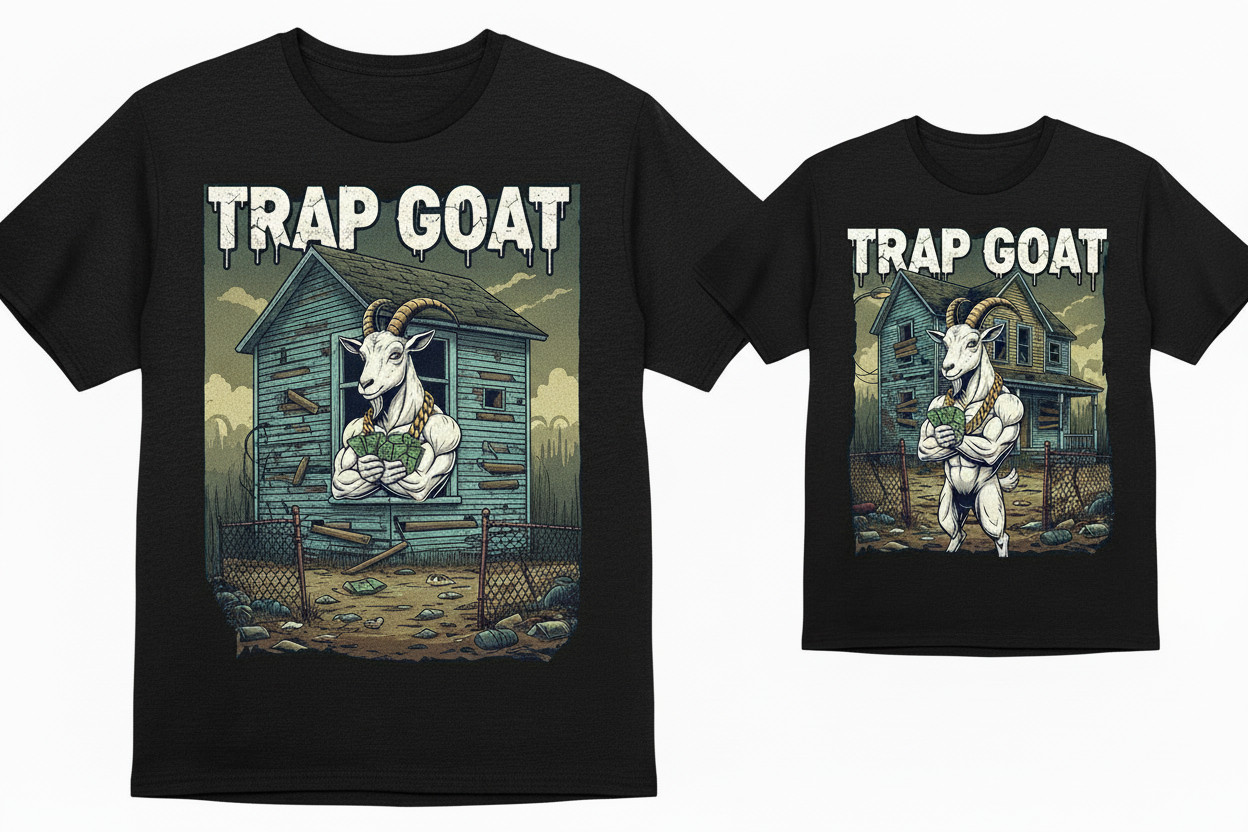 A shirt that say trap goat with a goat & a house that look dirty 